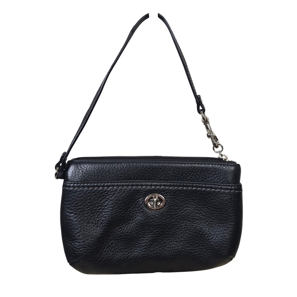 Coach Black Pebbled Leather Turnlock Wristlet Small Shoulder Bag Zipper Pouch